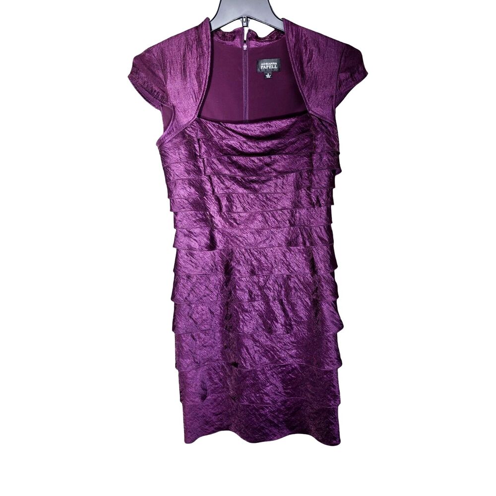 Adrianna Papell Purple Shutter Pleat Tiered Cap Sleeve Cocktail Dress
